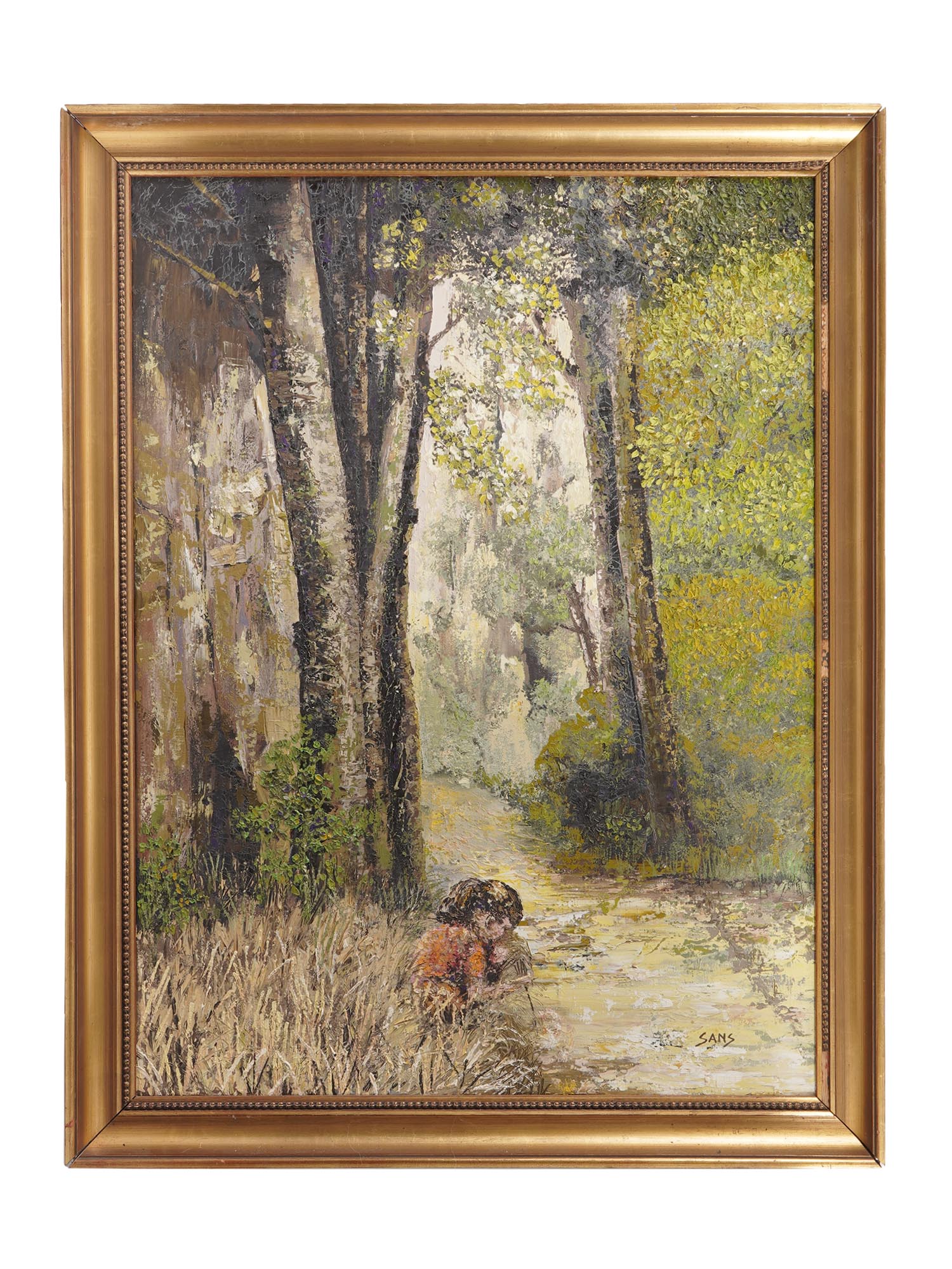 OIL PAINTING GIRL IN THE WOODS SIGNED PETER SANS PIC-0